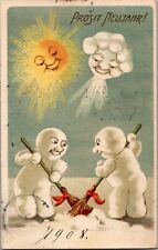 1908 GERMAN New Year Postcard Anthropomorphic Snowmen Sweep Snow Sun & Cloud See picture