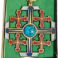 Vintage TSG Terra Sancta Guild Brass Enamel Jerusalem Cross Pendant Necklace  picture