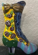 Vintage Colorful Cast Iron Victorian High Heel Boot Tip Shoe Doorstop Figurine picture