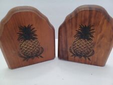VTG*Wooden Bookends*WITH WELCOME PINEAPPLE DECORATION Cabin Rustic Set of 2 USED picture
