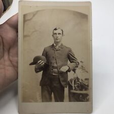 Man holding Hat Antique Photo Cabinet Card Caucasian Black & White 4x6 picture
