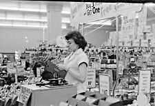 VTG 1950s 35MM NEGATIVE WOOLWORTH'S BRUNETTE CASHIER IN THE  LP AISLE 53-28 picture