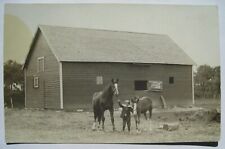 Cute Boy, Horses & Barn Old 1910-20s RPPC Postcard; to Lily Lang, Evansville MN picture