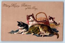 PFB Postcard Happy Returns Of The Day Cat Kittens With Basket Embossed c1910's picture