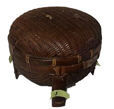 Antique/Vintage Hand Woven Lidded Round Basket/Legs Sewing/Storage-UNIQUE Design picture