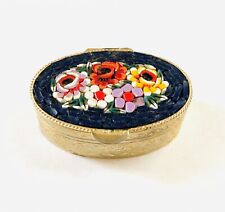 Vintage Italian Blue Multi Color Flowers Micro Mosaic Gold Trinket or Pill Box picture