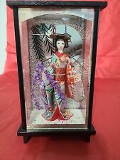 Vintage 1940-50s Miniature Japanese Geisha Doll in Wood/Glass Display Case Hat picture