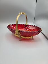 Antique Oval French Ruby Red Glass & Brass Bride's Basket picture