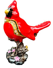 Enameled Rhinestone Encrusted Perched Red Cardinal Hinged Metal Jewelry Box picture