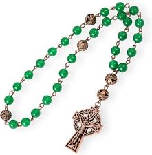Green Jade Stone Beads Rosary Metal Beaded Prayer Rosary Celtic Cross Crucifix picture