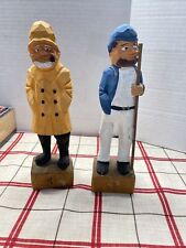 2 Wooden Hand Carved Weathered Sea Captain Sailor Fisherman Figurine 10” picture