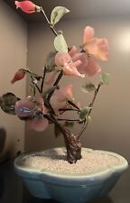 Vintage Chinese Peking Glass Stone Jade Cherry Blossom Bonsai Tree Pink Flowers picture