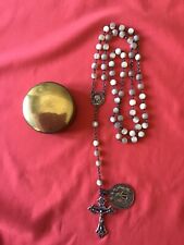 Antique rosary solid signed Sterling Silver in brass box + medal Pope Pius XII picture