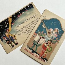 Antique Christmas Postcard Beautiful Lot Of 2 Colorful Snow Carolers Winter picture