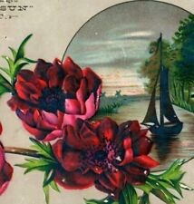 1880s-90s Embossed Rising Sun Yeast Sailboat Lake Red Wildflowers #H picture