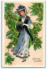 c1910's Christmas Greetings Woman Handwarmer Berries Gel Gold Gilt Postcard picture