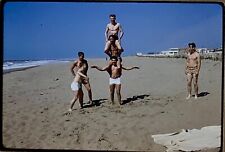 1964 KODACROME  SLIDE Tunisia Mahdia Beach Guys Building Pyramid Swimsuits picture