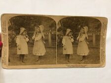 antique stereoview card copyright 1896 “ I dont’ want to Play in your yard.” picture