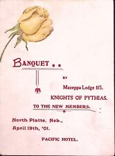 1901 NORTH PLATTE NEBRASKA KNIGHTS OF PYTHIAS BANQUET PACIFIC HOTEL MENU  Z247 picture
