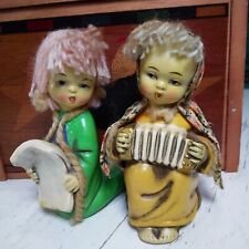 2 Figurines Lady Gypsy Accordion Girl Singing Yarn Hair Chalkware MCM Kitschy picture