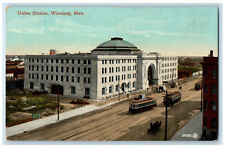 1912 Union Station Winnipeg Manitoba Canada Trolley Car Antique Postcard picture
