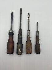 Lot Of 4 Antique Wooden Handle Tools Screwdrivers picture