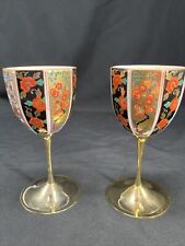 Kutani Yaki Ware Japan Porcelain Brass Stem Sake Wine Cups  2 Goblets picture
