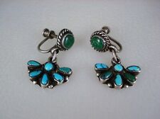 OLD ZUNI STERLING SILVER & SNAKE-EYE PETITPOINT TURQUOISE DANGLE EARRINGS picture