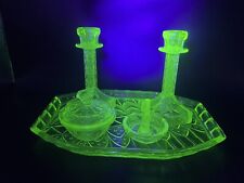 V Rare Walther & Sohne Green Uranium Glass 5-piece Poseidon Vanity Set inc Tray picture