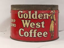 golden west coffee tin W/ HTF OLDER COWGIRL STANDING SIDEWAYS picture