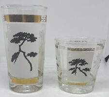 MCM ANCHOR HOCKING HIGH BALL AND ROCKS GLASSES BONSAI DESIGN W/GOLD ACCENTSROC picture