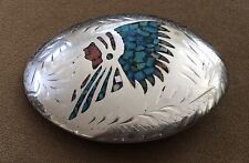 Awesome Vintage Handcrafted Native American Indian Chief Gem Inlay Belt Buckle picture