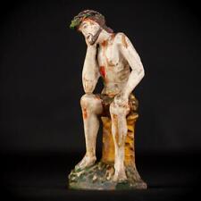 Pensive Christ Wood Statue | Antique Worried Jesus Passion Sculpture | 7.7