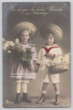 Postcard RPPC Birthday Children Boy Girl Holding Flowers Hand Colored Vintage picture