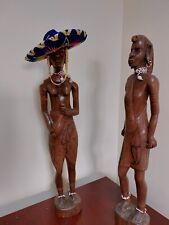 set of two old vintage hand carved genuine wooden figurine man and woman picture