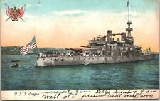 Postcard USS Oregon Ship USN Naval Vessel Flag Boat Ocean Water View c1906 picture