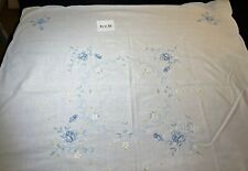 Vintage Linen Tablecloth w/ Blue Rose Embroidery 31x32 picture