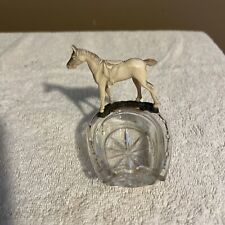 Vintage Horseshoe Glass Ashtray With beige Plastic Horse Decoration picture