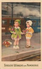 1939 two girls flowers railroad Train linen Postcard 22-11241 picture