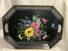 Vintage Hand Painted Large Floral Tole Nashco Metal Serving Tray Black 20x15” picture