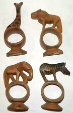 Set of 4 Hand Carved Wooden African Safari Animal Napkin Ring Holders Kenya picture
