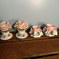 Vintage Bisque Porcelain Pink Rose Candlestick Holders, 2 Pairs picture