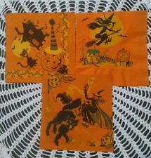 3 Vintage Halloween Napkins Witch Black Cat Jack-o-Lantern picture