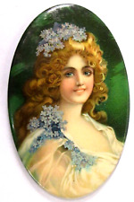 1890s PRETTY LADY holding blue flowers non-advertising celluloid pocket mirror ^ picture