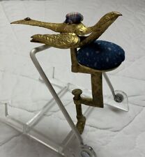 Antique Vintage Bird Pin Cushion Clamp, Sewing Bird, Embossed Metal, Goldtone picture