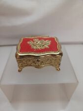 Vtg Gold Tone Ornate Rose on Red Lid Lined Footed Jewelry Trinket Box Japan  picture