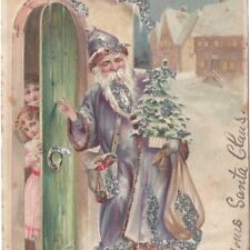 Antique 1906 Christmas Postcard Purple Coat Santa Claus, Children Embossed picture