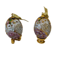 VTG Cloisonne Set of 2 Ornaments Turtle Dove Egg  With Stands Gold Tone Floral picture