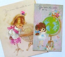 Vtg Lot 2 Birthday Cards-CUTE GIRLS WITH GLOBES-YOU MEAN THE WORLD TO ME-FLOWERS picture