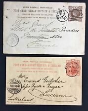 UK two postal cards 1891 and 1893 Elgin and London to France and Switzerland picture